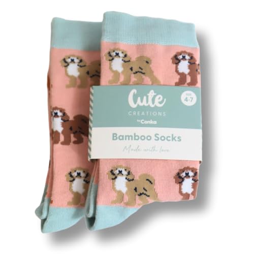 Bamboo Socks with Cute Dog Designs 2 Pairs Soft Comfort Moisture Wicking Antibacterial Socks Size 4-7 (Cockapoo)