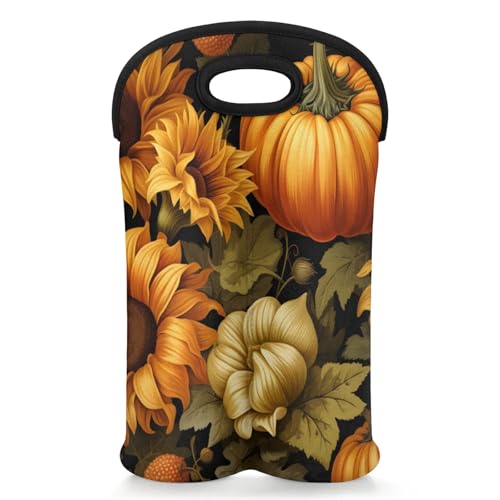 GzLeyigou 2 Bottles Pumpkin Sunflower Wine Bag Sleeve Totes Neoprene Protective Wine Carrier Bag for Wine,Water, Champagne, Beer, Baby Bottles,Gift 14.5 x 10 Inches