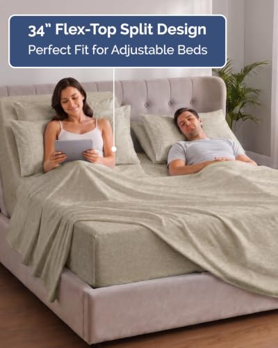 Image of Extra Deep Flex Top Split Head King Sheet Set - 6 Piece Breathable and Cooling Sheets - Hotel Luxury Bedding for Women, Men, Kids & Teens - Easy Secure Fit - Extra Deep Pockets - Heathered Beige