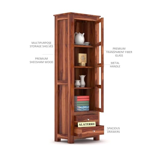 Image of Wood Book Shelf with Glass Door, Wooden Book Rack for Home Library, Kitchen Crockery Cabinet, Wooden Almirah, Bookcases, Book Shelf Storage 2 Drawers, Home Furniture, Honey Finish