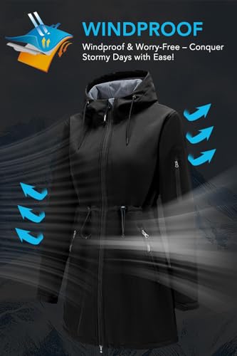Image of FARVALUE Women's Long Softshell Jacket Waterproof Lightweight Warm Windproof Hooded Fleece Lined Rain Coat for Outdoor