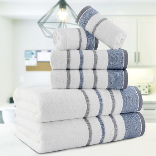 Image of Casa Copenhagen, Germany Design - White Bay Super Soft Collection 100% Cotton 6 Piece Towel Set, Includes 2 Bath Towels 2 Hand Towels 2 Washcloths - Grey & Blue