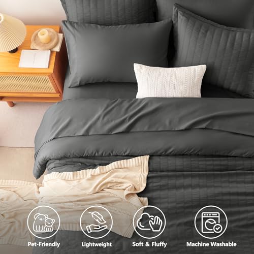 Image of CozyLux Oversized Queen Comforter Set with Sheets, 7 Pieces 98 inchx98 inch Dark Grey Seersucker Bed in a Bag, Dark Gray Bedroom Bedding Sets with Down Alternative Comforter, Sheets, Pillowcases & Shams