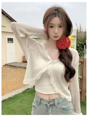 SHENHE Women's Sheer Lightweight Knit Cardigan Button Open Front Lace Trim Cover Up Cardigan3