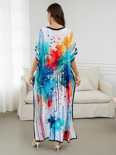 Image of IMAGEKOPE Women's Plus Size Loose Fit Moroccan Print V-Neck Batwing Kaftan Beach Dress Bathing Suit Cover Up