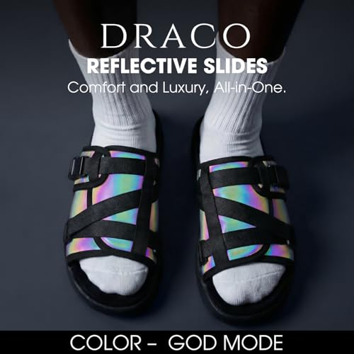 Image of Draco DracoSlides Reflective Slides for Men and Women, Wrapped in Reflective 3M with Adjustable Straps for Wide /Narrow Feet, Sandals with Arch Support & Slip Resistant, Men & Women Footwear, Black