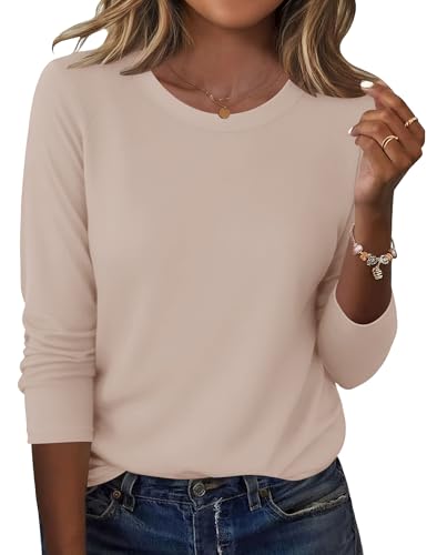 IECCP Camiseta de manga larga para mujer, cuello redondo, elegante, básica, informal, blusa, caqui, XL