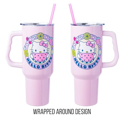 Image of Silver Buffalo Sanrio Hello Kitty Summer Kawaii Fruits Double Walled Stainless Steel Tumbler with Handle, Fits in Standard Cup Holder, 40 Ounces