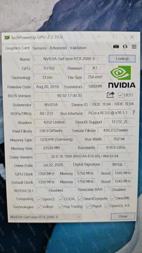 Image of NVIDIA RTX 2080 Ti 22GB AI GPU | Memory-Upgraded GDDR6 Graphics Card for Local AI & LLM Inference | Runs 32B Models at Q4 | 616 GB /s, 4352 CUDA Cores | Ollama & PyTorch Ready | 1-Year India Warranty