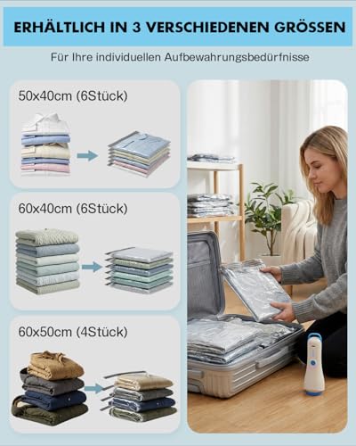 Vakuumbeutel für Kleidung mit Kabelloser Vakuumpumpe 16+2 Stück Platzsparend (6x50*40cm,6x60*40cm,4x60*50cm,2x30*40cm) Wasserdichte Wiederverwendbare für Reise, Kofferorganisation Aufbewahrung