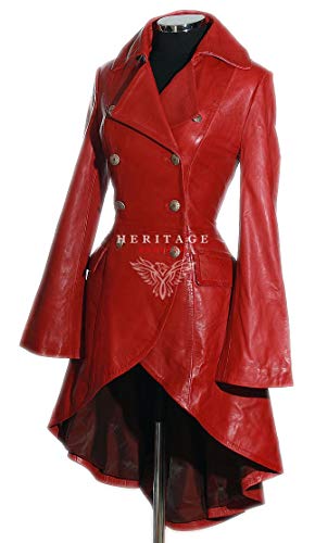 Valentina Red Ladies Women's Military Style Double Breasted Knee Length Designer Steampunk Real Soft Lambskin Leather Fashion Corset Flare Coat Tailcoat (20) steampunk buy now online