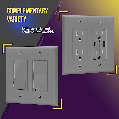 Image of ENERLITES 2-Gang Gray Mid-Size Decorator Switch Outlet Wall Plate Cover | 1 Pack, Size 4.88 inch x 4.92 inch, Fits light switch /outlet /receptacle, Gloss Finish, Unbreakable Polycarbonate, UL Listed