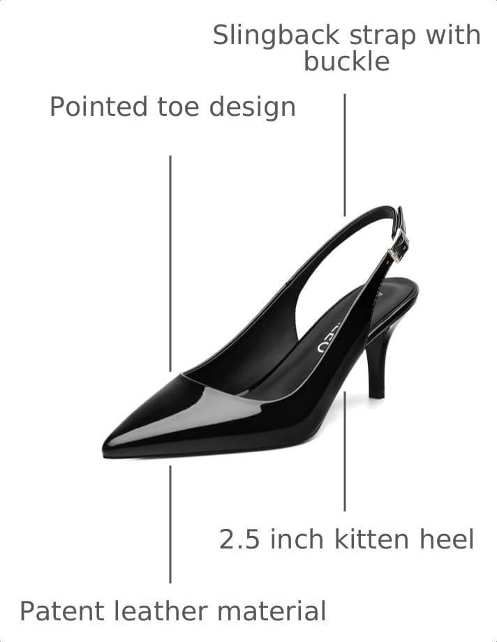 Image of NUMALEO Slingback Heels for Women Pointed Close Toe Kitten Heels Patent Pumps Dress Party Comfy Heeled Sandals Stiletto 2.5 Inch Dress Shoes