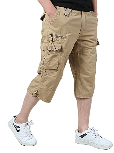 カーゴパンツ メンズ 7分丈 ハーフパンツ ゆったり パンツ 夏 無地 綿 大きいサイズ Khaki 2XL