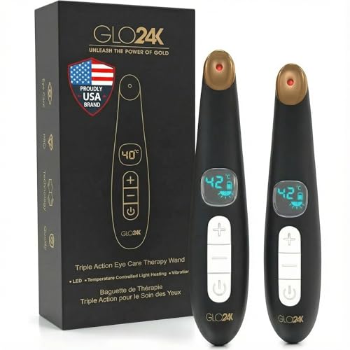 GLO24K UNLEASH THE POWER OF GOLD GLO24K Heated Eye Wand & Eye Massager Tool – Gentle Warmth & Vibration for Smoother-Looking Skin, Refreshing Under-Eyes Massage, Portable Beauty Device