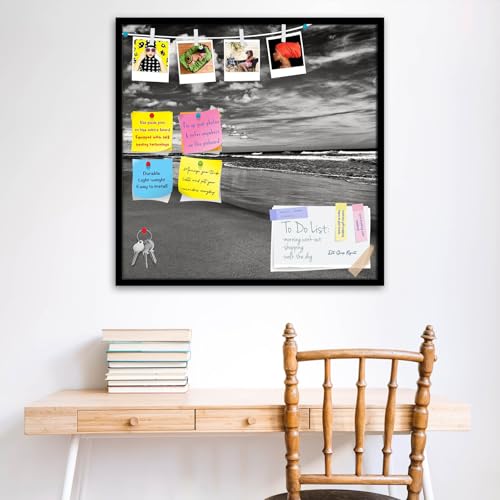 Image of ArtzFolio Sea, Air, & Land Monochrome Contrast | Bulletin Board Notice Pin Board | Vision Soft Board Combo with Thumb Push Pins & Sticky Notes | Black Frame | 16 x 16 inch (41 x 41 cms)