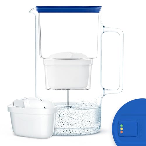 Wessper Jarra Filtradora de Vidrio con Contador LED de Agua 3L | Reemplazo para Dafi Unimax Aquaphor A5 BRITA Maxtra+ PHILIPS AWP212/10 | Jarra Filtrante + 1x Cartucho – Azul
