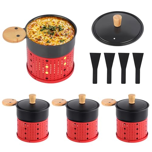 Fondue Individual Mini para Queso y Chocolate, 4 Unidades Rojo, con Tapa y Base para Velas, Mango de Madera, Antiadherente, Ideal para Cenas Románticas, Parejas y Reuniones