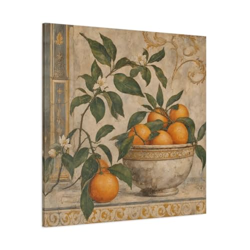 Toile de cuisine vintage orange et vert grand tableau mural carré 90x90 cm pour repas