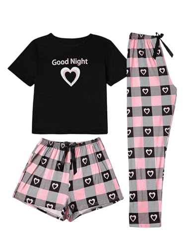 WDIRARA Women's 3 Piece Plaid Heart Print Pajama Set Short Sleeve Tee Lounge Shorts and Pants Sleepwear