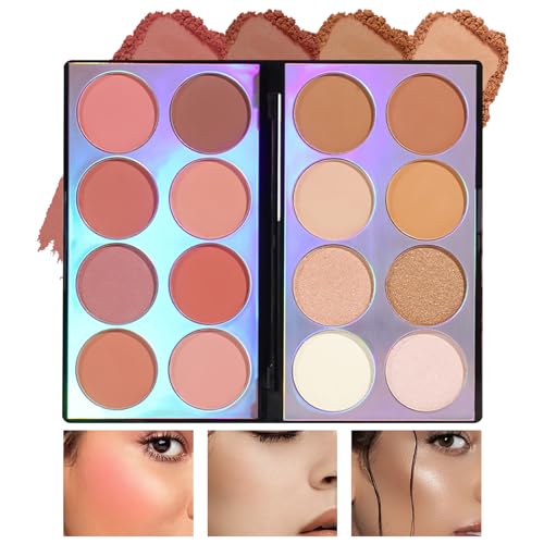 Prreal Paleta de 16 colores de contorno, resaltado y rubor, multifunctional 3 en 1 maquillaje con contorno de colorete y bronceador, paleta de maquillaje en polvo, sombra de ojos natural a prueba de