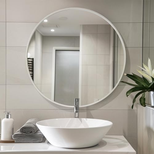 Image of Sunniry White Round Mirror 22 inch, Bathroom Mirror Matte Metal Frame, Circle Mirrors for Living Room, Bathroom, Wall, Hallway.
