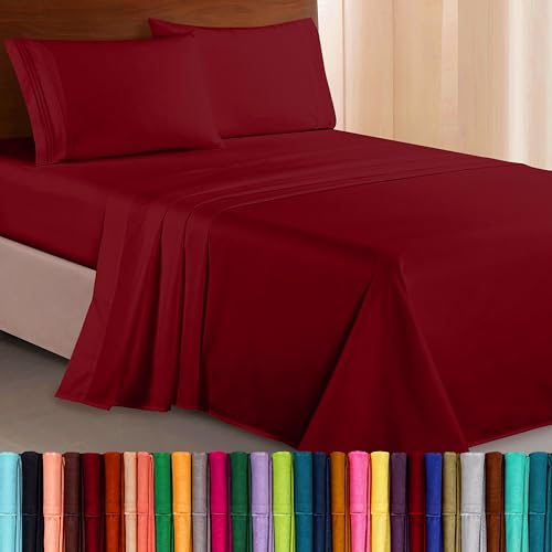 Image of Elegant Comfort Luxurious 1500 Premium Hotel Quality Microfiber Three Line Embroidered Softest 4-Piece Bed Sheet Set, Wrinkle and Fade Resistant, King, Burgundy