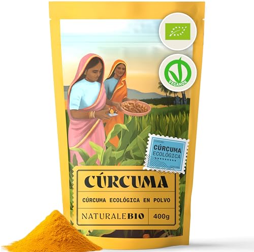 NaturaleBio Cúrcuma Ecológica en Polvo 400g. Raíz de Cúrcuma Molida 100% Pura. Sin OGM, Sin Aditivos, Sin Colorantes Artificiales. Cultivada en India. Rica en Curcumina, para Cocinar e Infusiones