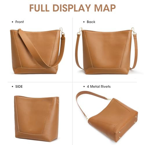 Image of Kattee Leather Purses and Handbags, Bucket Bags for Women, Top Grain Leather Tote Shoulder Crossbody with 2 Straps