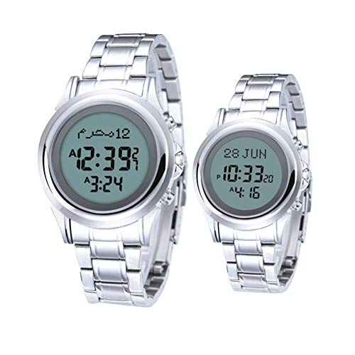 HXZB Muslim Couple Watch Azan Wrist Watch, Stainless Steel Waterproof Calendar Qibla Compass Digital Prayer Watch, 1 Piece,Men