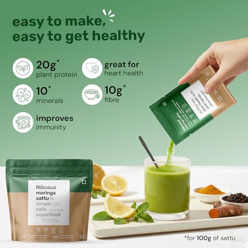 Image of fitlicious Moringa Sattu Powder | Bihari Chana Sattu | Natural & Organic | Gluten-Free, Non-GMO | High Protein & Fiber | Instant PremiX | Healthy Drink For All Ages | Pack Of 10 X 40g Sachets