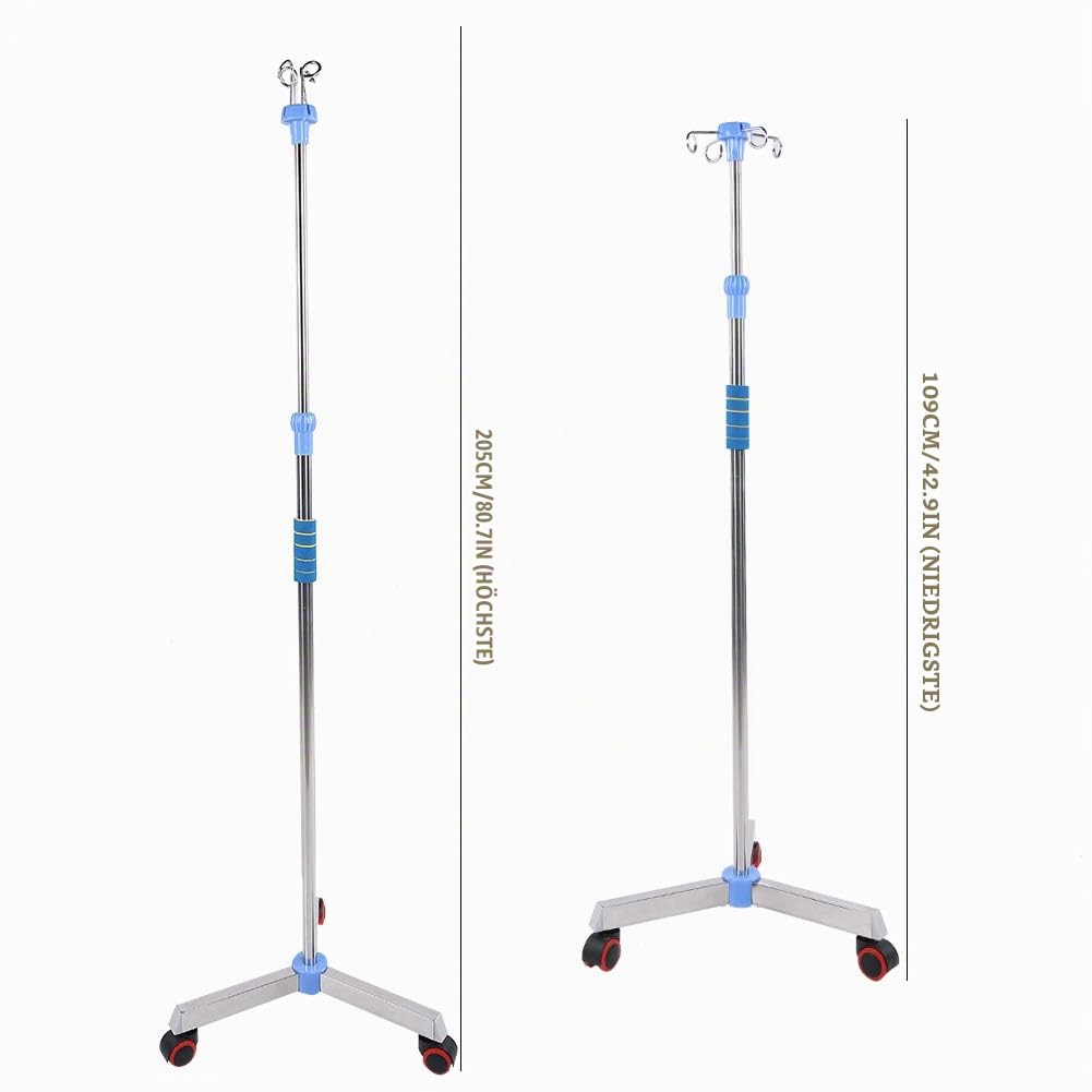 Tragbarer Edelstahl -Ständer mit Rädern - Höhenverstellbarer Infusionsständer mit 4 Haken für Krankenhaus und Heim.