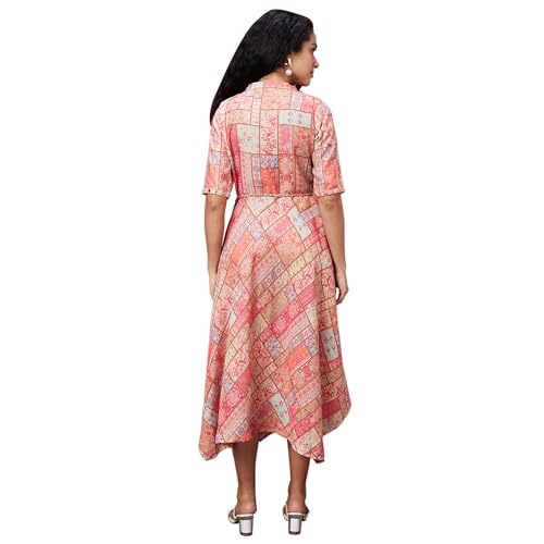 Image of Globus Coral Mandarin Collar All Over Printed Belted Dress