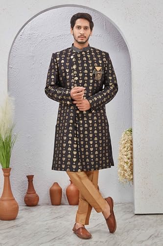 Indian Designer Wedding Festive Wear Jacquard Indo-Western Sherwani Pajama Set For Men2