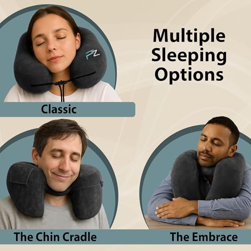 Image of FLOWZOOM Air Inflatable Neck Pillow for Traveling on Plane - H-Shape Hooded Airplane Pillow with 5 Snooze Modes, Fast Inflation, Pressure Control, Cozy Clip-On Hood & Plushy Cover - Size L, Jet Black