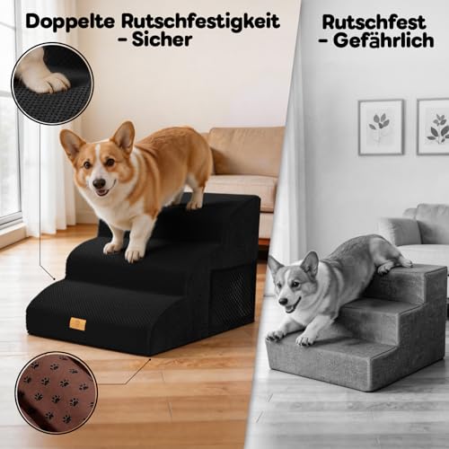 Thihome Hundetreppe für Kleine Hunde, Haustiertreppe 3 Stufen, Hochdichtem Schwamm Hundetreppen 40cm Hoch, Hunde Treppe mit Waschbarem Bezug, Rutschfestem Hunderampe für Bett & Sofa, Schwarz