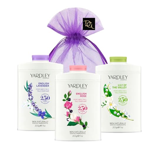 Talc Gift Set Variety Bundle with English Lavender Talc, Lily of The Valley Talc and English Rose Talcum Powder 3 Pack for Women (3 x 200g Each) with Deluxio Gifts Gift Bag