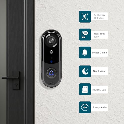 Doorbell Camera Wireless 2K, Head-to-Toe View, Video Doorbell with Chime, 32GB SD/Cloud Storage,Night Vision, Motion Detection,2 Way Audio, 2.4G WiFi, Real Time Alert (J1 2K)