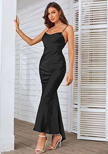 Aigeman Women's Cowl Neck Elegant Mermaid Satin Wedding Party Dress Backless Evening Gown Cocktail Maxi Dress 72086 (Small, Black) #TOP1