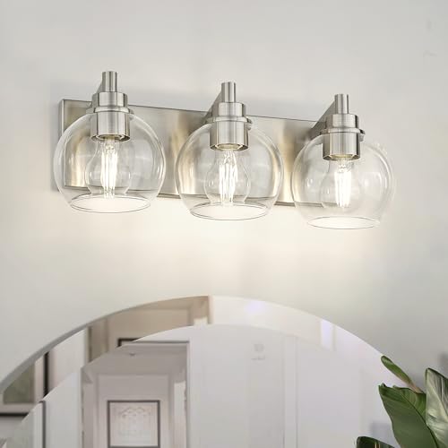 Image of Bathroom Light Fixtures, 3-Light Brushed Nickel Vanity Light, Modern Wall Sconces with Globe Clear Glass Shade, Vanity Lighting Fixtures Over Mirror, VL195-BN-CL-3