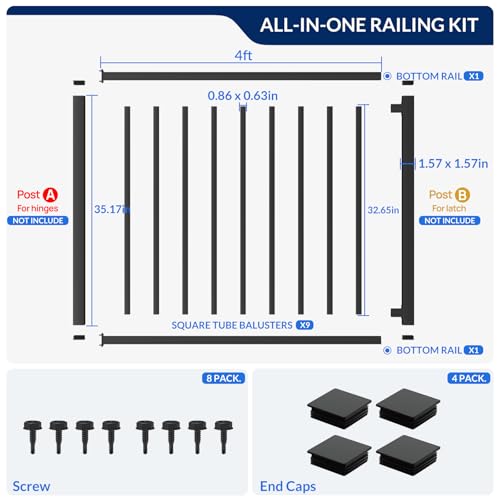 Egadis 4ft.W Aluminum Deck Gate Kit for 36in Railing, Cuttable Outdoor Gate with Black Textured AAMA 2604 Powder-Coat Finish, Easy DIY for Deck, Patio, Porch, Yard (No Hinge & Lock)