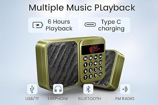 Image of M7 Pocket Blast FM Radio with Bluetooth Speaker with Powerful Sound, 6w-12 Hours (Tupe C Charging) and Number Pad (AUX, SD Card, USB Input (AUX, SD Card, USB Input) (M-7 Green)