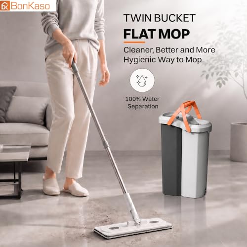 Image of BonKaso Twin Bucket Flat Mop Set, Hands-Free Microfiber Floor Cleaning Mop & Pocha with 100% Water Separation, Self-Cleaning Scraper, Reusable Pads for Floor, Wall & Window (Carbon Grey & Light Grey)