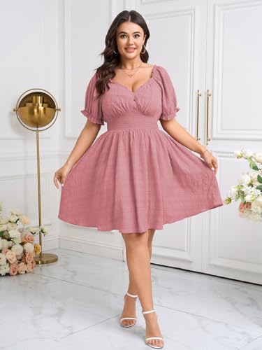 Image of SCOMCHIC Womens Plus Size Summer Dresses Casual Sun Dress Sweetheart V Neck Puff Short Sleeve Smocked A Line Mini Dress