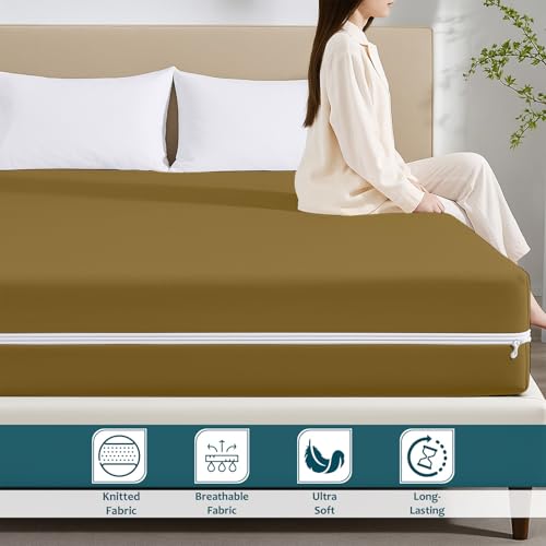 Image of Zipper Closure Style Mattress Protector King Size 100% Waterproof Six-Sided Mattress Encasement for Bed 72x72 Inch Fit On 6 Inch 6X6 Feet Taupe