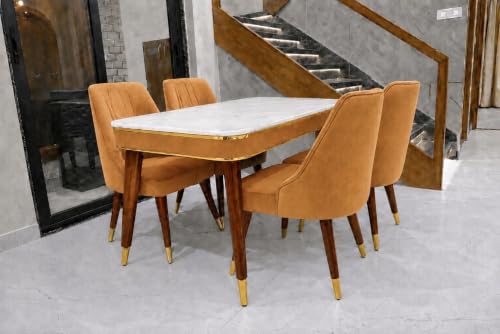 Image of WOODEN SPACE 4 Seater Wooden Dining Table Set | Urban Marble Top Dining Table with Chairs for Dining Room & Kitchen (Modern Frontline Mustard) (54 x 36 x 30 inch)