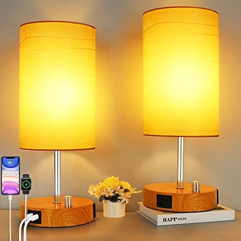 HiBay 17.75"H Fully Dimmable Bedside Table Lamps Set of 2, Bedroom Nightstand Lights with USB A+C Charging Ports & AC Outlet, Modern Desk Lamp with Round Parchment Shade (E26 Bulbs Included) Cover