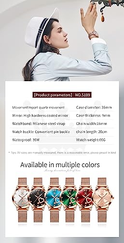 Image of OLEVS Rose Gold Watch for Women Mesh Strap Fashion Dress Hearts Japanese Quartz Waterproof Luminous Ladies Watches Bracelet Sets