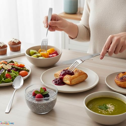 Image of Mirror Polished Silver 20 Pcs Stainless Steel Cutlery Set for Dining Table, Dishwasher Safe Glossy Flatware (5 Spoon Set + 5 Forks Set + 5 Butter Knife + 5 Dessert Spoon)