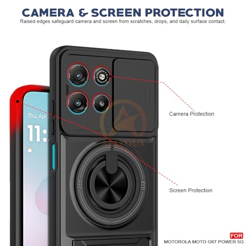 Image of Moto G67 Power / G57 Power 5G Back Cover | Armor Camera Slider 360 Degree Rotating Finger Ring Holder Case with Bracket Stand Back Case Cover (Compatible with MagSafe Accessories) (Black)